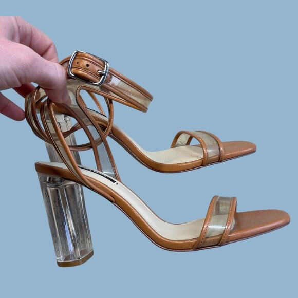 Zara lucite clear tan brown ankle strap block heels sandals size EU 39 US 8 - Picture 4 of 16